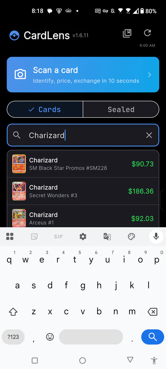 Instant offline autocomplete in card-exchange showing six Charizard results with prices from different sets