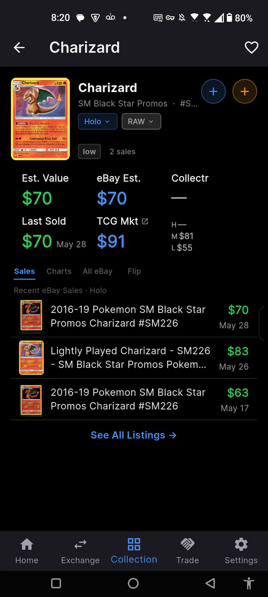 Card detail showing Holo and RAW selectors with estimated value, eBay estimate and recent sold listings