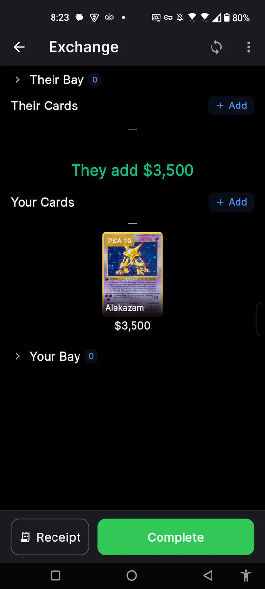 Exchange table in card-exchange with cards on both sides and a live settlement total
