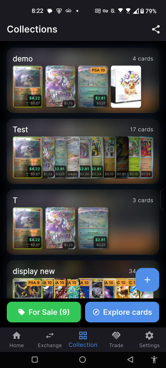 Collections list in card-exchange showing several collections with thumbnails, card counts and values