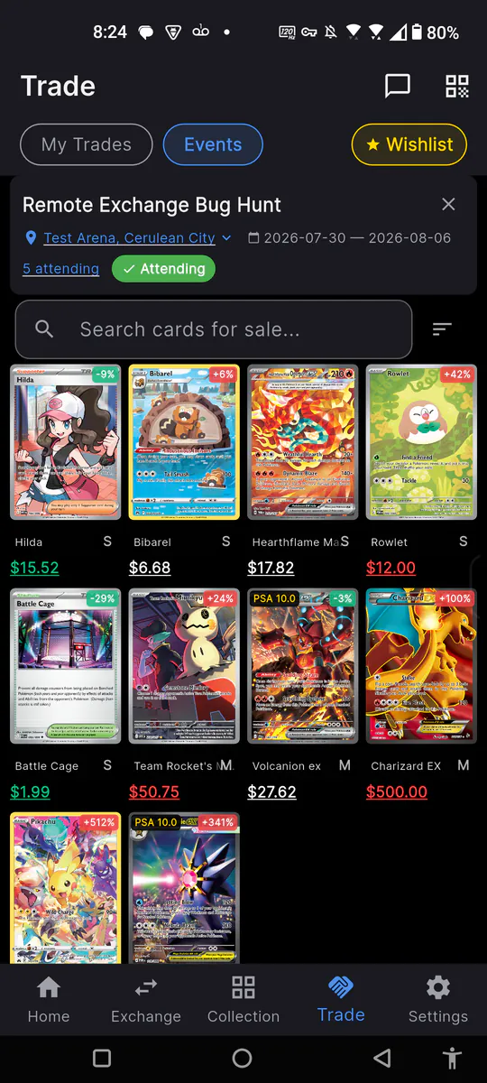 Trade event marketplace grid showing cards listed by multiple vendors with seller initials and prices