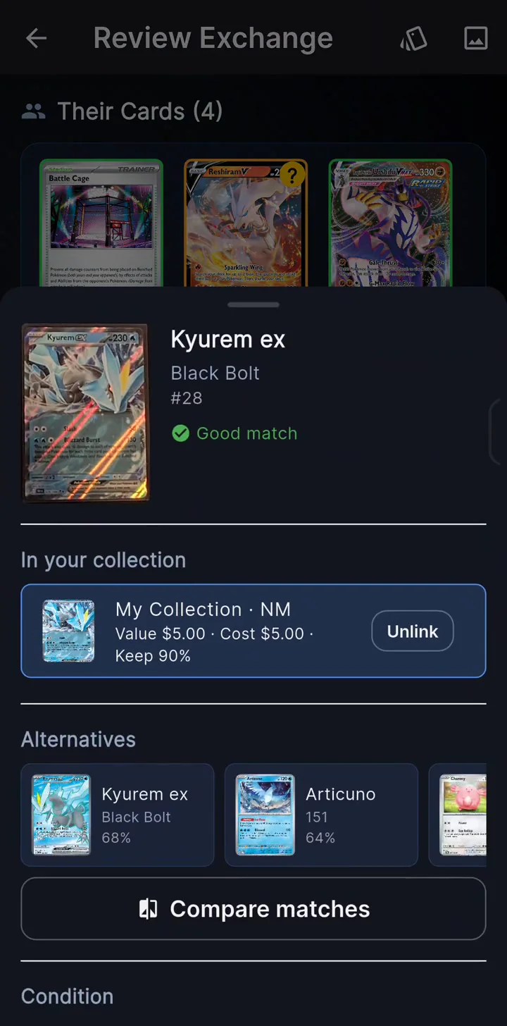 A scanned card is matched to a copy in the collection