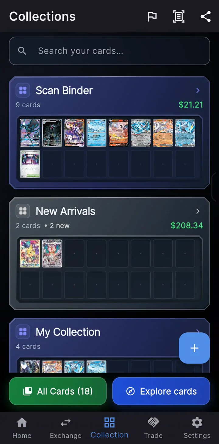 Newly acquired cards arrive in the collection