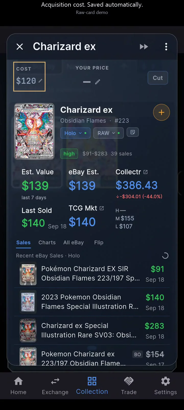 The received Charizard’s saved acquisition cost is highlighted